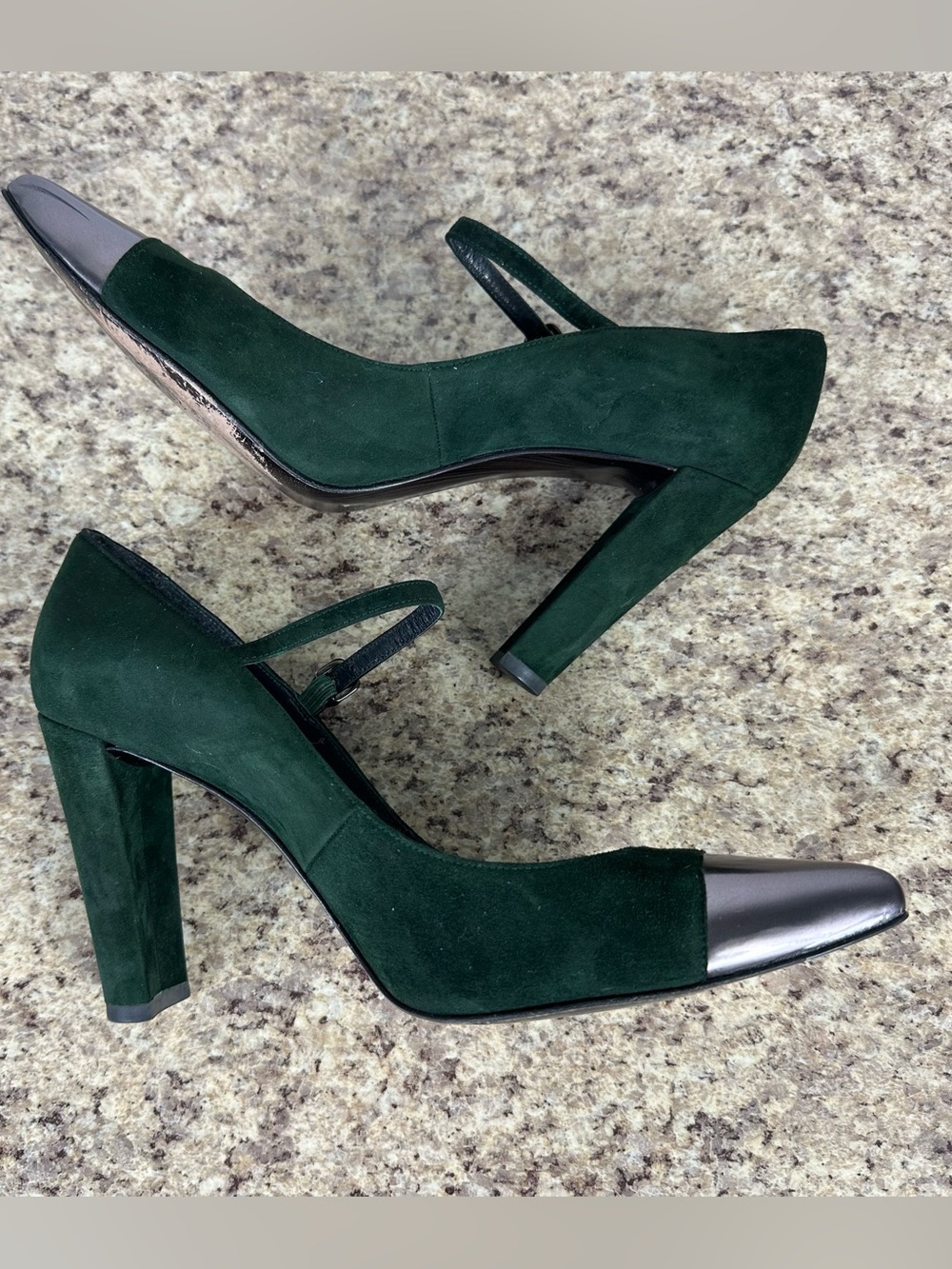 Stuart Weitzman Green Suede Capsize Mary Jane Pumps Block Heel Metallic Toe Cap